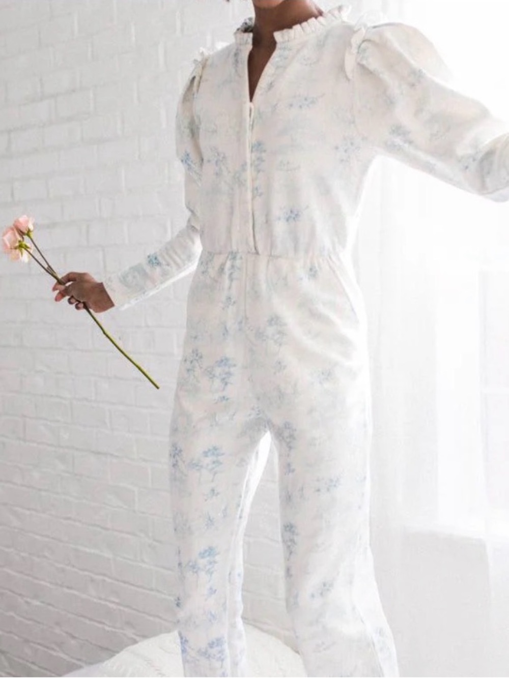 Ivy City Co Pajama/Loungewear Jumpsuit! Blue and White Valencia Pattern